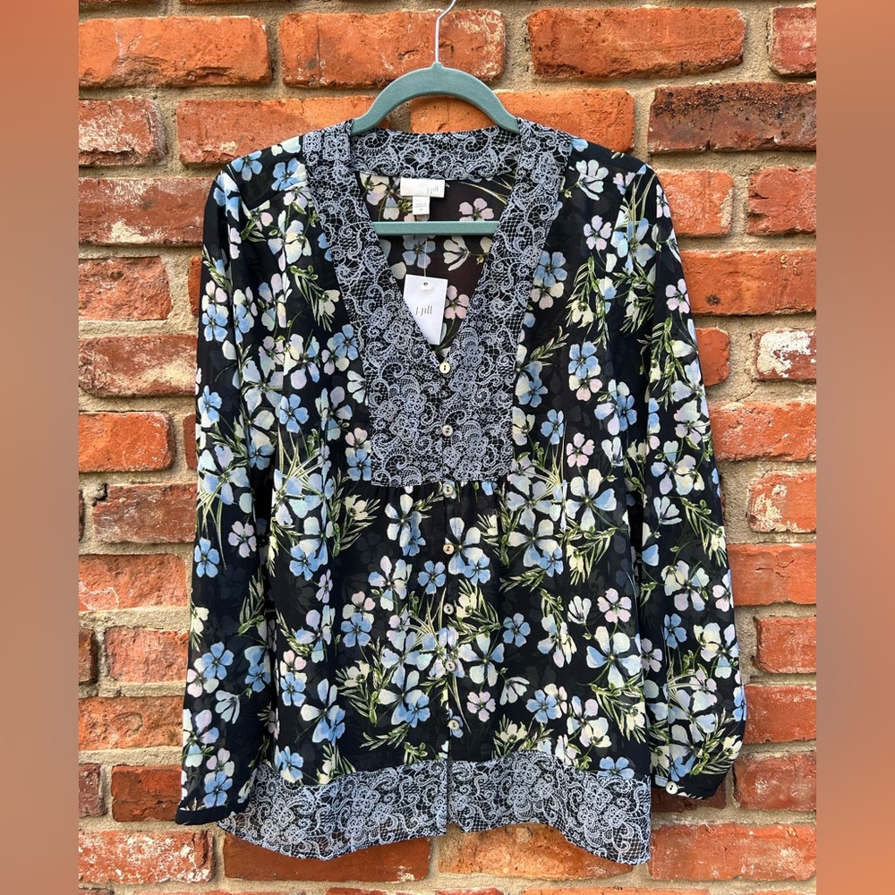 J. Jill NWT Navy Blue Floral 3/4 Sleeve Sheer Blouse M